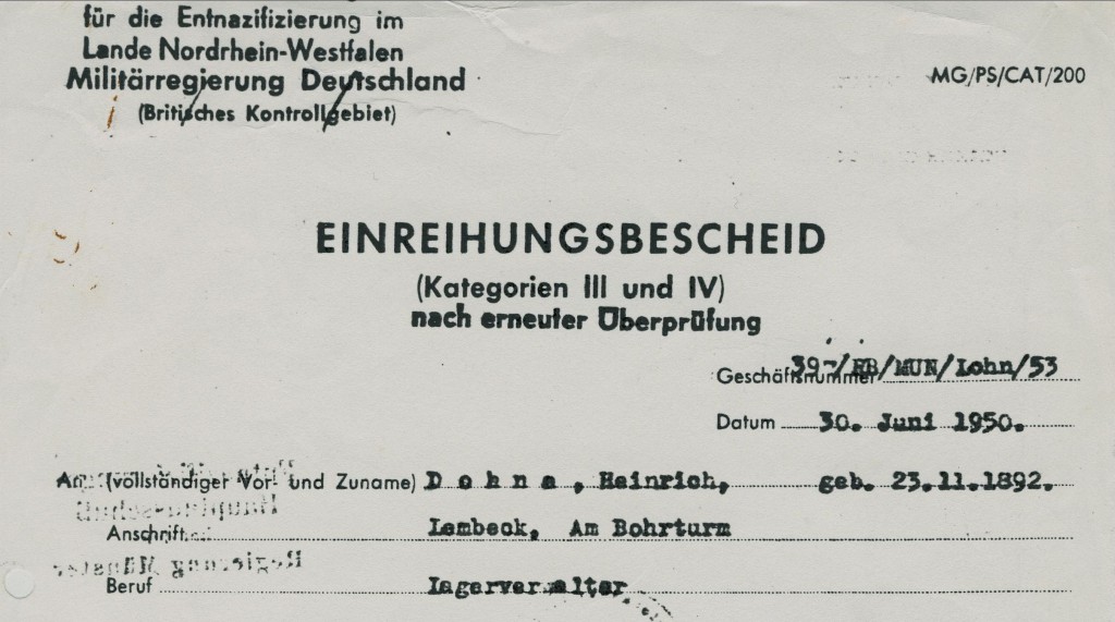 Ausriss aus dem Einreihungsbescheid Heinrich Dohnas von 1950