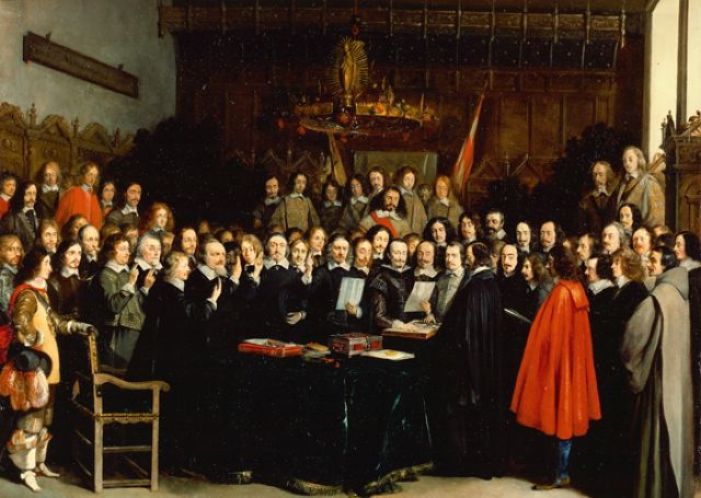 Kongress der Kriegsbeteiligten im historischen Rathaus von Münster, der 1648 zum "Westfälischen Frieden" führte 