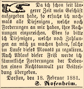 Inserat in der Dorstener Volkszeitung 1881