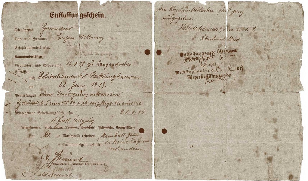 Entlassungschein nach Holsterhausen 1919