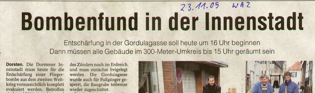 Bombenfund in der Gurdulagasse; Ausriss WAZ vom 23. Nov. 2005