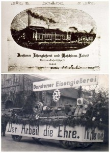 Oben: Eisengießereo um 1880; unten: Umzug in der NS-Zeit