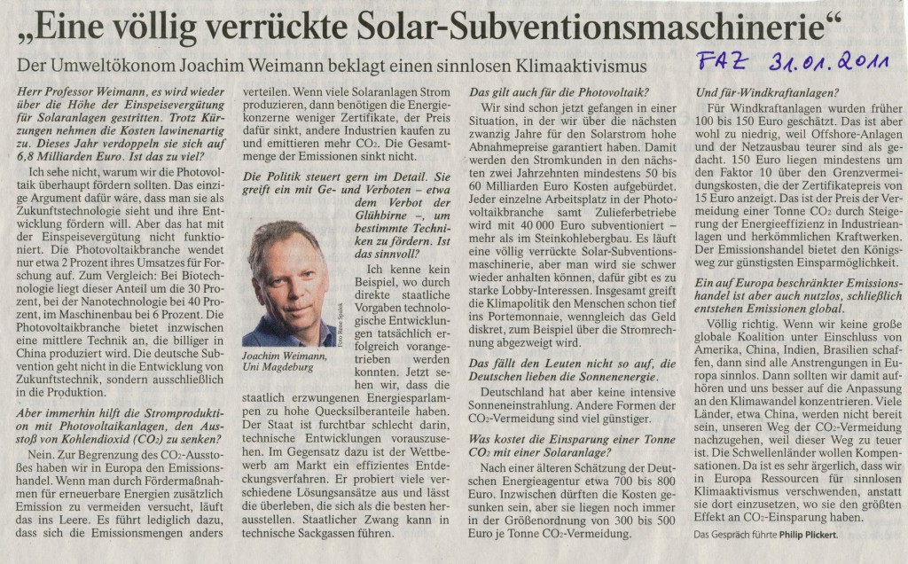 Kommentar zum Klimabündnis in der FAZ vom 31. Januar 2011