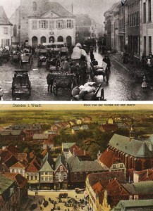 Oben: Marktgeschehen um 1900, darunter: Blick vom Kirchturm auf den Markt um 1910