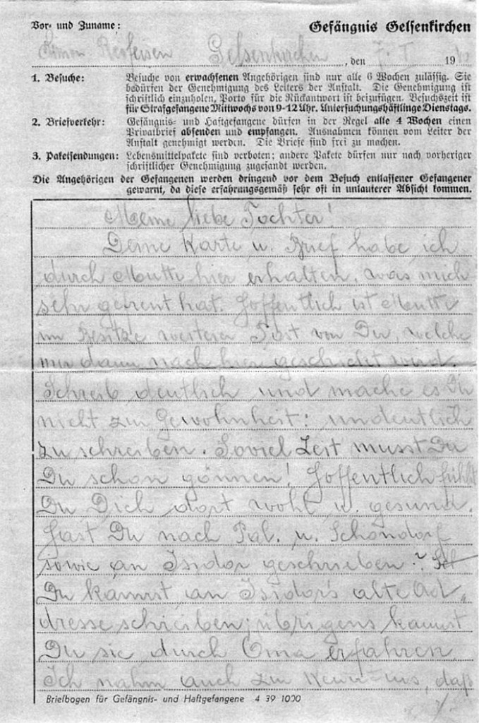 Brief Simon Reifeisens aus dem Gefängnis an seine Tochter 1940