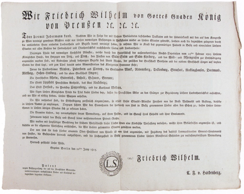 Urkunde der preußischen Besitzergreifung Westfalens 1815