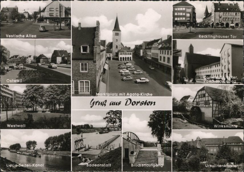Postkarte 1964; von den elf abgebildeten Objekten wurden inzwischen serchs abgerissen