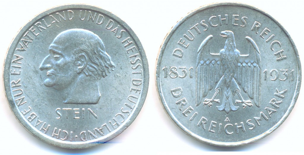 Drei Reichsmark mit dem Bildnis von Steins Steins 1931