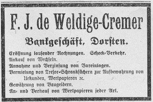 Inserat Bankhaus de Weldige von 1911 in der Dorstener Volkszeitung